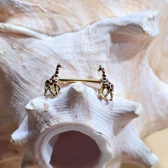 Pair of 14G gold plated giraffe ends nipple bars - externally threaded - Picture 5 of 6